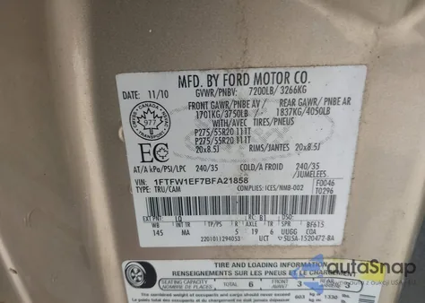 2011 Ford F-150 Xlt из США, поврежденный, VIN 1FTFW1EF7BFA21858